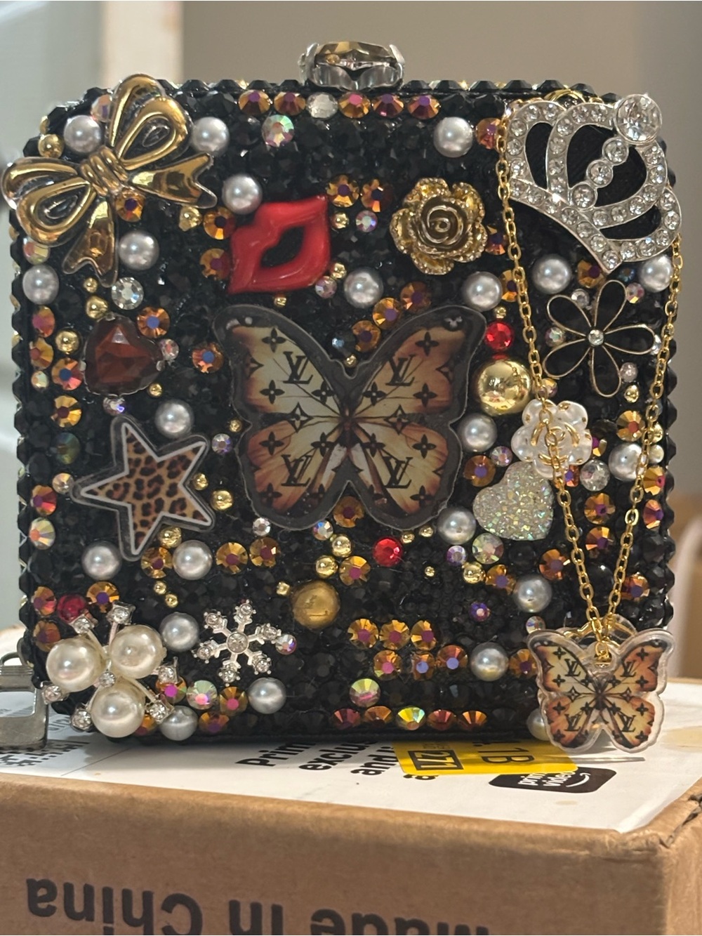 Custom LV Rhinestone Embellished Butterfly Jewelry Box